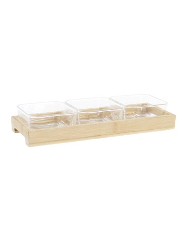 ANTIPASTIERE-SET APERITIVI: vendita online SET APERITIVO ITEM 3 CIOTOLINE VETRO + VASSOIO BAMBOO CM 31,5X11X6H in offerta