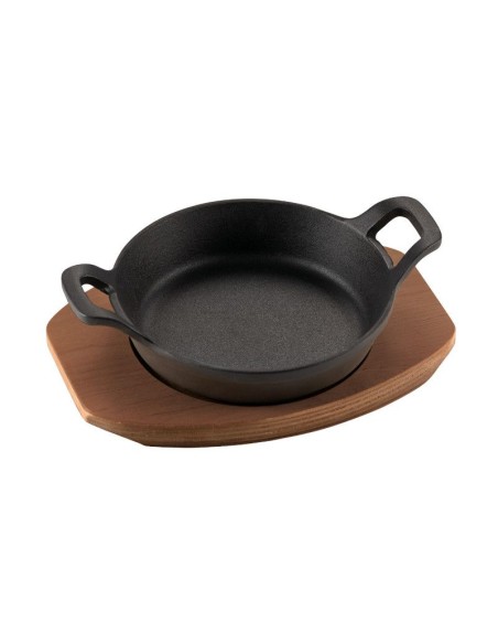 PIASTRE COTTURA PIETRA: vendita online MINI TEGAME TONDO CM.15 IN GHISA SMALTATA CON VASSOIO LEGNO ILSA in offerta