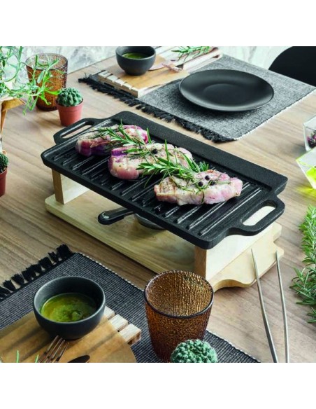 PIASTRE COTTURA PIETRA: vendita online PIASTRA GRILL IN GHISA NERO CON BASE LEGNO CM.33X20 FUSION TASTE TOGNANA in offerta