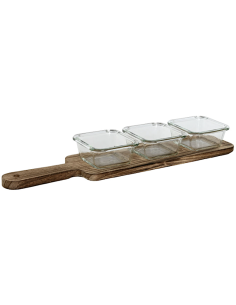 SET APERITIVO 3 CIOTOLINE VETRO CON VASSOIO LEGNO CM.43X10X5H PC212550