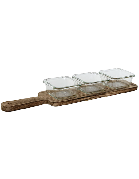 SET APERITIVO 3 CIOTOLINE VETRO CON VASSOIO LEGNO CM.43X10X5H PC212550
