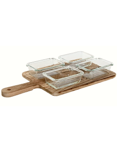 SET APERITIVO 4 CIOTOLINE VETRO CON VASSOIO LEGNO CM.39X20X5H PC212549