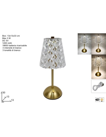 LAMPADE DA TAVOLO: vendita online LAMPADA LED RICARICABILE CON BASE METALLO ORO ALTEZZA 33 CM in offerta