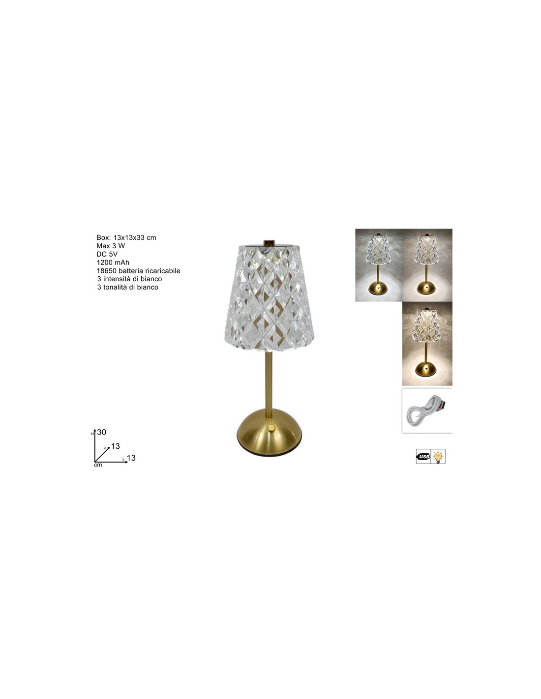LAMPADE DA TAVOLO: vendita online LAMPADA LED RICARICABILE CON BASE METALLO ORO ALTEZZA 33 CM in offerta