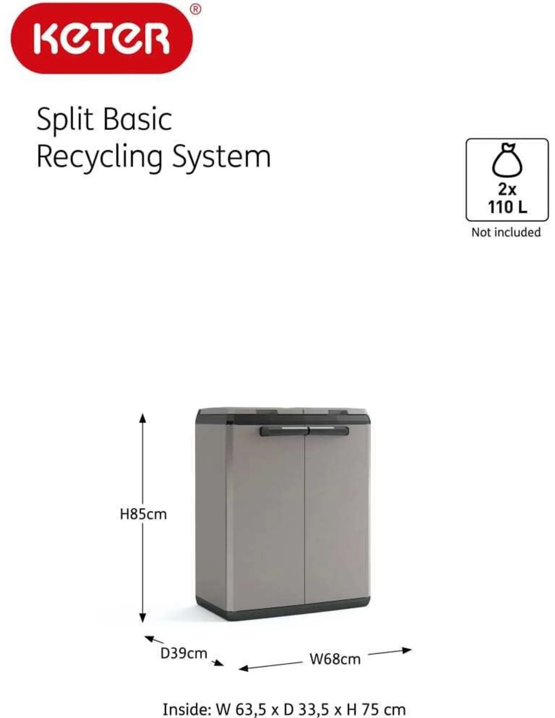 PATTUMIERE-GETTACARTE: vendita online ARMADIO DIFFERENZIATA SPLIT BASIC 68 X 39 ALTEZZA 85 CM KETER in offerta